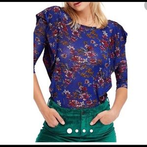 Free People Floral Blue Combo Dock ruffle shirt.